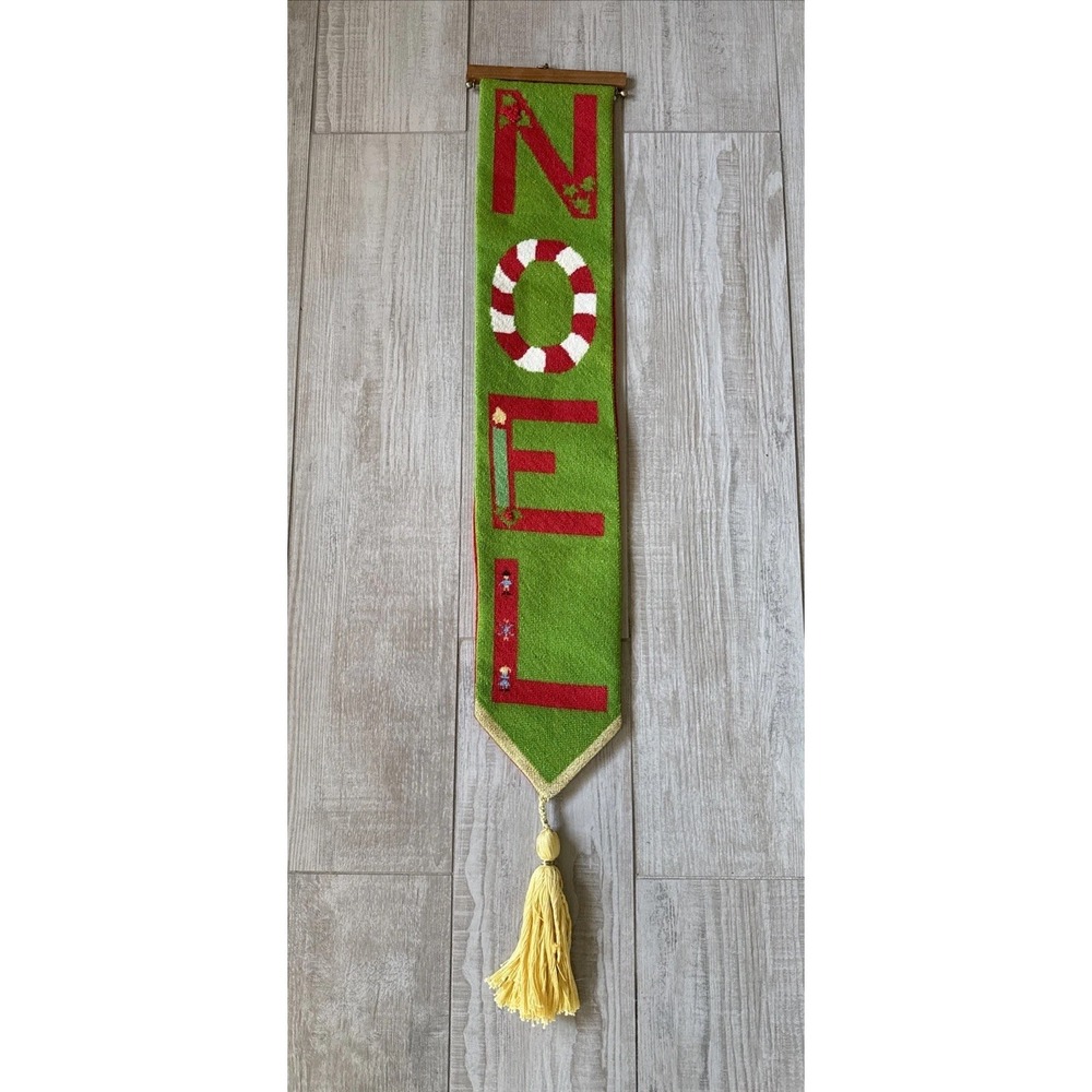 VTG NOEL TAPESTRY NEEDLEPOINT Christmas Wall Hanging Decor Handmade 44"x7"